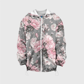 Детская куртка 3D с принтом Розовые розы в Тюмени, 100% полиэстер | застежка — молния, подол и капюшон оформлены резинкой с фиксаторами, по бокам — два кармана без застежек, один потайной карман на груди, плотность верхнего слоя — 90 г/м2; плотность флисового подклада — 260 г/м2 | bouquets | color | gray | leave | lowers | ornament | patterns | pink | roses | букеты | графика | искусство | картинка | красивый | крутой | листья | мода | модный | молодёжная | орнамент | рисунок | розовые | розы | рукоделие | серый