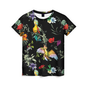 Женская футболка 3D с принтом Попугаи в Тюмени, 100% полиэфир ( синтетическое хлопкоподобное полотно) | прямой крой, круглый вырез горловины, длина до линии бедер | parrots | ветки | графика | джунгли | искусство | картинка | красивый | красный | крутой | листья | мода | модный | молодёжная | орнамент | попугаи | рисунок | розовый | рукоделие | синий | стиль