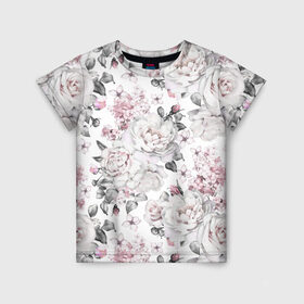 Детская футболка 3D с принтом Белые розы в Тюмени, 100% гипоаллергенный полиэфир | прямой крой, круглый вырез горловины, длина до линии бедер, чуть спущенное плечо, ткань немного тянется | bouquets | color | gray | leave | lowers | ornament | patterns | pink | roses | букеты | графика | искусство | картинка | красивый | крутой | листья | мода | модный | молодёжная | орнамент | рисунок | розовые | розы | рукоделие | серый