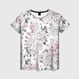 Женская футболка 3D с принтом Белые розы в Тюмени, 100% полиэфир ( синтетическое хлопкоподобное полотно) | прямой крой, круглый вырез горловины, длина до линии бедер | Тематика изображения на принте: bouquets | color | gray | leave | lowers | ornament | patterns | pink | roses | букеты | графика | искусство | картинка | красивый | крутой | листья | мода | модный | молодёжная | орнамент | рисунок | розовые | розы | рукоделие | серый