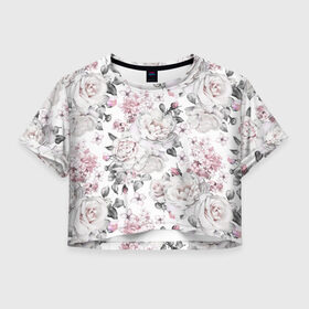 Женская футболка 3D укороченная с принтом Белые розы в Тюмени, 100% полиэстер | круглая горловина, длина футболки до линии талии, рукава с отворотами | bouquets | color | gray | leave | lowers | ornament | patterns | pink | roses | букеты | графика | искусство | картинка | красивый | крутой | листья | мода | модный | молодёжная | орнамент | рисунок | розовые | розы | рукоделие | серый