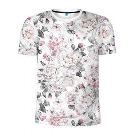 Мужская футболка 3D спортивная с принтом Белые розы в Тюмени, 100% полиэстер с улучшенными характеристиками | приталенный силуэт, круглая горловина, широкие плечи, сужается к линии бедра | bouquets | color | gray | leave | lowers | ornament | patterns | pink | roses | букеты | графика | искусство | картинка | красивый | крутой | листья | мода | модный | молодёжная | орнамент | рисунок | розовые | розы | рукоделие | серый