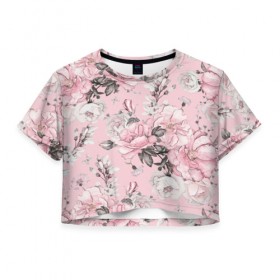 Женская футболка 3D укороченная с принтом Розовые розы в Тюмени, 100% полиэстер | круглая горловина, длина футболки до линии талии, рукава с отворотами | bouquets | color | gray | leave | lowers | ornament | patterns | pink | roses | букеты | графика | искусство | картинка | красивый | крутой | листья | мода | модный | молодёжная | орнамент | рисунок | розовые | розы | рукоделие | серый