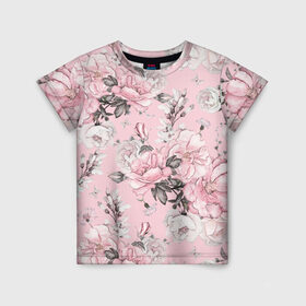 Детская футболка 3D с принтом Розовые розы в Тюмени, 100% гипоаллергенный полиэфир | прямой крой, круглый вырез горловины, длина до линии бедер, чуть спущенное плечо, ткань немного тянется | bouquets | color | gray | leave | lowers | ornament | patterns | pink | roses | букеты | графика | искусство | картинка | красивый | крутой | листья | мода | модный | молодёжная | орнамент | рисунок | розовые | розы | рукоделие | серый