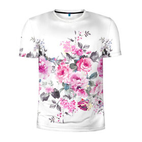 Мужская футболка 3D спортивная с принтом Розовые розы в Тюмени, 100% полиэстер с улучшенными характеристиками | приталенный силуэт, круглая горловина, широкие плечи, сужается к линии бедра | bouquets | color | gray | leave | lowers | ornament | patterns | pink | roses | букеты | графика | искусство | картинка | красивый | крутой | листья | мода | модный | молодёжная | орнамент | рисунок | розовые | розы | рукоделие | серый