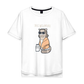 Мужская футболка хлопок Oversize с принтом Big Meowski в Тюмени, 100% хлопок | свободный крой, круглый ворот, “спинка” длиннее передней части | большой лебовски | боулинг | дюдя | кино | комедия | кот | котейка | котенок | котэ | кошка | молоко | хиппи | чувак | юмор