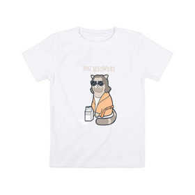 Детская футболка хлопок с принтом Big Meowski в Тюмени, 100% хлопок | круглый вырез горловины, полуприлегающий силуэт, длина до линии бедер | Тематика изображения на принте: большой лебовски | боулинг | дюдя | кино | комедия | кот | котейка | котенок | котэ | кошка | молоко | хиппи | чувак | юмор