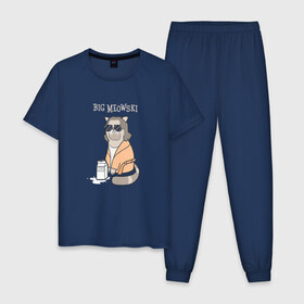 Мужская пижама хлопок с принтом Big Meowski в Тюмени, 100% хлопок | брюки и футболка прямого кроя, без карманов, на брюках мягкая резинка на поясе и по низу штанин
 | Тематика изображения на принте: большой лебовски | боулинг | дюдя | кино | комедия | кот | котейка | котенок | котэ | кошка | молоко | хиппи | чувак | юмор
