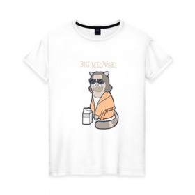 Женская футболка хлопок с принтом Big Meowski в Тюмени, 100% хлопок | прямой крой, круглый вырез горловины, длина до линии бедер, слегка спущенное плечо | большой лебовски | боулинг | дюдя | кино | комедия | кот | котейка | котенок | котэ | кошка | молоко | хиппи | чувак | юмор
