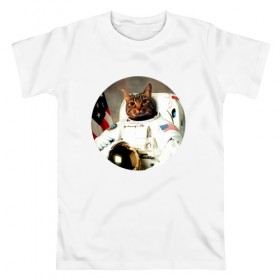 Мужская футболка хлопок с принтом Cat Astronaut в Тюмени, 100% хлопок | прямой крой, круглый вырез горловины, длина до линии бедер, слегка спущенное плечо. | Тематика изображения на принте: 