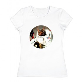 Женская футболка хлопок с принтом Cat Astronaut в Тюмени, 100% хлопок | прямой крой, круглый вырез горловины, длина до линии бедер, слегка спущенное плечо | 