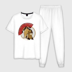 Мужская пижама хлопок с принтом Спартанец в Тюмени, 100% хлопок | брюки и футболка прямого кроя, без карманов, на брюках мягкая резинка на поясе и по низу штанин
 | спарта | спартанец | спартанский шлем | спартанцы | шлем