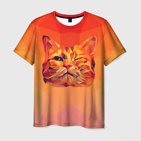 Мужская футболка 3D с принтом Подмигивающий кот (Low Poly) в Тюмени, 100% полиэфир | прямой крой, круглый вырез горловины, длина до линии бедер | cat | fox | kitty | low | lowpoly | poly | веселая | геометрия | грозовой кошак | желтая | кот | котейка | котофей | кошак | лиса | любителям кошек | низкополигональный | позитив | прикольная | рисунок | рыжая | узор