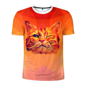 Мужская футболка 3D спортивная с принтом Подмигивающий кот (Low Poly) в Тюмени, 100% полиэстер с улучшенными характеристиками | приталенный силуэт, круглая горловина, широкие плечи, сужается к линии бедра | cat | fox | kitty | low | lowpoly | poly | веселая | геометрия | грозовой кошак | желтая | кот | котейка | котофей | кошак | лиса | любителям кошек | низкополигональный | позитив | прикольная | рисунок | рыжая | узор