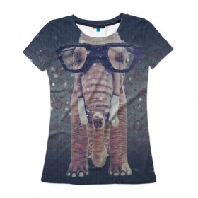 Женская футболка 3D с принтом Слон в очках в Тюмени, 100% полиэфир ( синтетическое хлопкоподобное полотно) | прямой крой, круглый вырез горловины, длина до линии бедер | 
