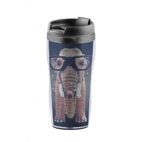 Термокружка-непроливайка с принтом Слон в очках в Тюмени, внутренняя часть — пищевой пластик, наружная часть — прозрачный пластик, между ними — полиграфическая вставка с рисунком | объем — 350 мл, герметичная крышка | 