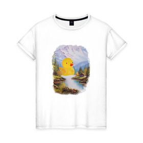 Женская футболка хлопок с принтом Уточка в Тюмени, 100% хлопок | прямой крой, круглый вырез горловины, длина до линии бедер, слегка спущенное плечо | ванна | водопад | горы | домик | красота | лес | озеро | океан | пейзаж | природа | утка | утя