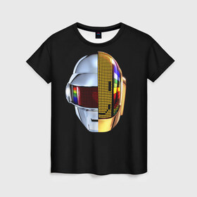 Женская футболка 3D с принтом Daft Punk в Тюмени, 100% полиэфир ( синтетическое хлопкоподобное полотно) | прямой крой, круглый вырез горловины, длина до линии бедер | daft punk | electronic | house | human | music | robot | дафт панк | музыка | синти поп | хаус | электроника