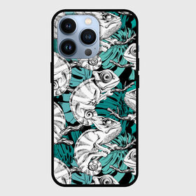 Чехол для iPhone 13 Pro с принтом Хамелеоны в Тюмени,  |  | branches | chameleons | fash | greens | lizards | nature | trees | youth | ветки | графика | деревья | зелень | искусство | картинка | крутой | лучший | мода | модный | молодёжная | природа | рисунок | стиль | творчество | фон