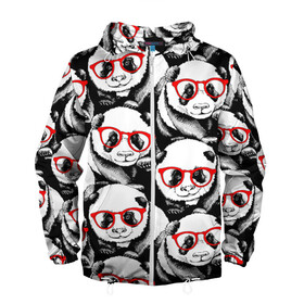 Мужская ветровка 3D с принтом Панды в красных очках в Тюмени, 100% полиэстер | подол и капюшон оформлены резинкой с фиксаторами, два кармана без застежек по бокам, один потайной карман на груди | animals | bears | funny | head | muzzl | pandas | red | весёлые | взгляд | голова | графика | животные | искусство | картинка | красивый | красные | крутой | медведи | мода | модный | молодёжная | очки | панды | рисунок