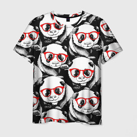 Мужская футболка 3D с принтом Панды в красных очках в Тюмени, 100% полиэфир | прямой крой, круглый вырез горловины, длина до линии бедер | Тематика изображения на принте: animals | bears | funny | head | muzzl | pandas | red | весёлые | взгляд | голова | графика | животные | искусство | картинка | красивый | красные | крутой | медведи | мода | модный | молодёжная | очки | панды | рисунок