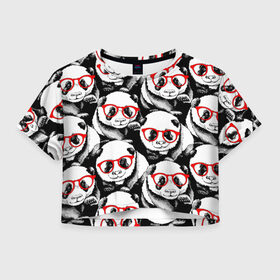 Женская футболка Cropp-top с принтом Панды в красных очках в Тюмени, 100% полиэстер | круглая горловина, длина футболки до линии талии, рукава с отворотами | animals | bears | funny | head | muzzl | pandas | red | весёлые | взгляд | голова | графика | животные | искусство | картинка | красивый | красные | крутой | медведи | мода | модный | молодёжная | очки | панды | рисунок