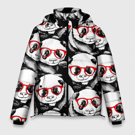 Мужская зимняя куртка 3D с принтом Панды в красных очках в Тюмени, верх — 100% полиэстер; подкладка — 100% полиэстер; утеплитель — 100% полиэстер | длина ниже бедра, свободный силуэт Оверсайз. Есть воротник-стойка, отстегивающийся капюшон и ветрозащитная планка. 

Боковые карманы с листочкой на кнопках и внутренний карман на молнии. | animals | bears | funny | head | muzzl | pandas | red | весёлые | взгляд | голова | графика | животные | искусство | картинка | красивый | красные | крутой | медведи | мода | модный | молодёжная | очки | панды | рисунок