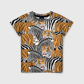 Детская футболка 3D с принтом Тигры и зебры в Тюмени, 100% гипоаллергенный полиэфир | прямой крой, круглый вырез горловины, длина до линии бедер, чуть спущенное плечо, ткань немного тянется | black | orange | stri | white | абстракция | африка | белая | графика | животное | зебры | искусство | картинка | коллаж | красивый | крутой | лошадь | мода | модный | молодёжная | оранжевая | полосы | рисунок