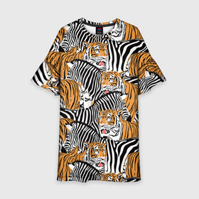 Детское платье 3D с принтом Тигры и зебры в Тюмени, 100% полиэстер | прямой силуэт, чуть расширенный к низу. Круглая горловина, на рукавах — воланы | Тематика изображения на принте: black | orange | stri | white | абстракция | африка | белая | графика | животное | зебры | искусство | картинка | коллаж | красивый | крутой | лошадь | мода | модный | молодёжная | оранжевая | полосы | рисунок