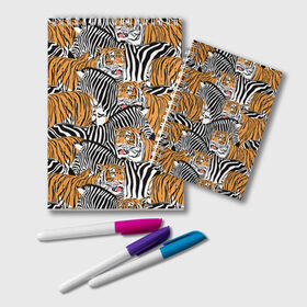 Блокнот с принтом Тигры и зебры в Тюмени, 100% бумага | 48 листов, плотность листов — 60 г/м2, плотность картонной обложки — 250 г/м2. Листы скреплены удобной пружинной спиралью. Цвет линий — светло-серый
 | black | orange | stri | white | абстракция | африка | белая | графика | животное | зебры | искусство | картинка | коллаж | красивый | крутой | лошадь | мода | модный | молодёжная | оранжевая | полосы | рисунок