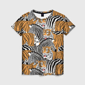 Женская футболка 3D с принтом Тигры и зебры в Тюмени, 100% полиэфир ( синтетическое хлопкоподобное полотно) | прямой крой, круглый вырез горловины, длина до линии бедер | black | orange | stri | white | абстракция | африка | белая | графика | животное | зебры | искусство | картинка | коллаж | красивый | крутой | лошадь | мода | модный | молодёжная | оранжевая | полосы | рисунок