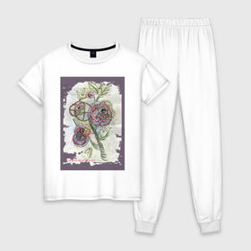Женская пижама хлопок с принтом Механический цветок в Тюмени, 100% хлопок | брюки и футболка прямого кроя, без карманов, на брюках мягкая резинка на поясе и по низу штанин | steampunk | механика | ретро | рисунок | стимпанк | цветы
