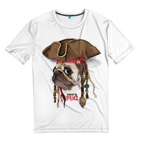 Мужская футболка 3D с принтом Pirate PUG в Тюмени, 100% полиэфир | прямой крой, круглый вырез горловины, длина до линии бедер | drawing | picture | белый | брутальный | взгляд | графика | животное | искусство | картинка | косички | крутой | лучший | модный | мопс | морской | пиратский | платок | порода | разбойник | рисунок | сильный