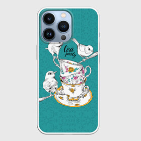 Чехол для iPhone 13 Pro с принтом Tea party в Тюмени,  |  | Тематика изображения на принте: art | best | c | creativity | drawing | graphics | phontase | picture | белый | блюдца | вечеринка | графика | зелёный | искусство | картинка | кружки | крутой | ложки | лучший | модный | птицы | расписные | рисунок | розы