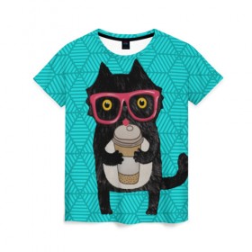 Женская футболка 3D с принтом Котик с кофе в Тюмени, 100% полиэфир ( синтетическое хлопкоподобное полотно) | прямой крой, круглый вырез горловины, длина до линии бедер | big | арт | крупные арты | крупные принты | сумасшедшие арты