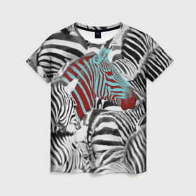 Женская футболка 3D с принтом Зебры в Тюмени, 100% полиэфир ( синтетическое хлопкоподобное полотно) | прямой крой, круглый вырез горловины, длина до линии бедер | big | арт | крупные арты | крупные принты | сумасшедшие арты