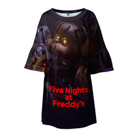 Детское платье 3D с принтом Five Nights at Freddy`s в Тюмени, 100% полиэстер | прямой силуэт, чуть расширенный к низу. Круглая горловина, на рукавах — воланы | five nights at freddy s | game | horror | игры | механические куклы | ночь | охранник | пять ночей у фредди | светящиеся глаза | ужас