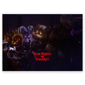 Поздравительная открытка с принтом Five Nights at Freddys в Тюмени, 100% бумага | плотность бумаги 280 г/м2, матовая, на обратной стороне линовка и место для марки
 | five nights at freddy s | game | horror | игры | механические куклы | ночь | охранник | пять ночей у фредди | светящиеся глаза | ужас