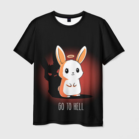 Мужская футболка 3D с принтом Go to hell в Тюмени, 100% полиэфир | прямой крой, круглый вырез горловины, длина до линии бедер | ад | ангел | дьявол | зайчик | заяц | нимб | рожки | тень | ушки