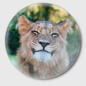 Значок с принтом Улыбка львицы в Тюмени,  металл | круглая форма, металлическая застежка в виде булавки | голова | животные | кот | кошка | лев | лицо | львица | прикол | прикольные | природа | смешные | тигр | тигрица | улыбается | улыбка | юмор