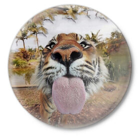 Значок с принтом Тигр показывает язык в Тюмени,  металл | круглая форма, металлическая застежка в виде булавки | голова | животные | кот | кошка | лев | лицо | прикол | прикольные | природа | смешные 
 животные | тигр | тигрица | юмор | язык