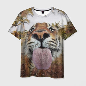 Мужская футболка 3D с принтом Тигр показывает язык в Тюмени, 100% полиэфир | прямой крой, круглый вырез горловины, длина до линии бедер | Тематика изображения на принте: голова | животные | кот | кошка | лев | лицо | прикол | прикольные | природа | смешные 
 животные | тигр | тигрица | юмор | язык