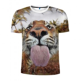 Мужская футболка 3D спортивная с принтом Тигр показывает язык в Тюмени, 100% полиэстер с улучшенными характеристиками | приталенный силуэт, круглая горловина, широкие плечи, сужается к линии бедра | Тематика изображения на принте: голова | животные | кот | кошка | лев | лицо | прикол | прикольные | природа | смешные 
 животные | тигр | тигрица | юмор | язык