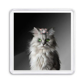 Магнит 55*55 с принтом Кот и мышка в Тюмени, Пластик | Размер: 65*65 мм; Размер печати: 55*55 мм | Тематика изображения на принте: животные | кот | котенок | кошка | крыса | мышка | мышь | перс | персидский кот | серый