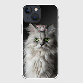 Чехол для iPhone 13 mini с принтом Кот и мышка в Тюмени,  |  | Тематика изображения на принте: животные | кот | котенок | кошка | крыса | мышка | мышь | перс | персидский кот | серый