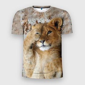 Мужская футболка 3D спортивная с принтом Львенок в Тюмени, 100% полиэстер с улучшенными характеристиками | приталенный силуэт, круглая горловина, широкие плечи, сужается к линии бедра | дикая кошка | животные | кот | кошка | лев | львенок | львица | мордочка | природа | тигр | хищник