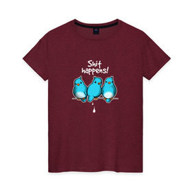 Женская футболка хлопок с принтом Shit Happens в Тюмени, 100% хлопок | прямой крой, круглый вырез горловины, длина до линии бедер, слегка спущенное плечо | воробей | голубь | лапочка | милашка | милый | мимими | надпись | птица | птицы | птичка | юмор