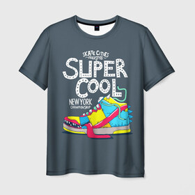 Мужская футболка 3D с принтом Super cool в Тюмени, 100% полиэфир | прямой крой, круглый вырез горловины, длина до линии бедер | Тематика изображения на принте: cham | cities | freestyle | new york | skate | street | style | super cool | бейсболка | глаз | города | зубы | кроссовка | круто | надпись | нью йорк | обувь | символ | скейт | стиль | супер | текст | тёмный | улица | улыбка | фон