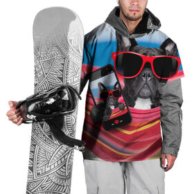 Накидка на куртку 3D с принтом бульдог в Тюмени, 100% полиэстер |  | бульдог | отдых | очки | собака | телефон | черная собака