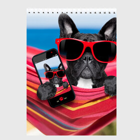 Скетчбук с принтом бульдог в Тюмени, 100% бумага
 | 48 листов, плотность листов — 100 г/м2, плотность картонной обложки — 250 г/м2. Листы скреплены сверху удобной пружинной спиралью | бульдог | отдых | очки | собака | телефон | черная собака